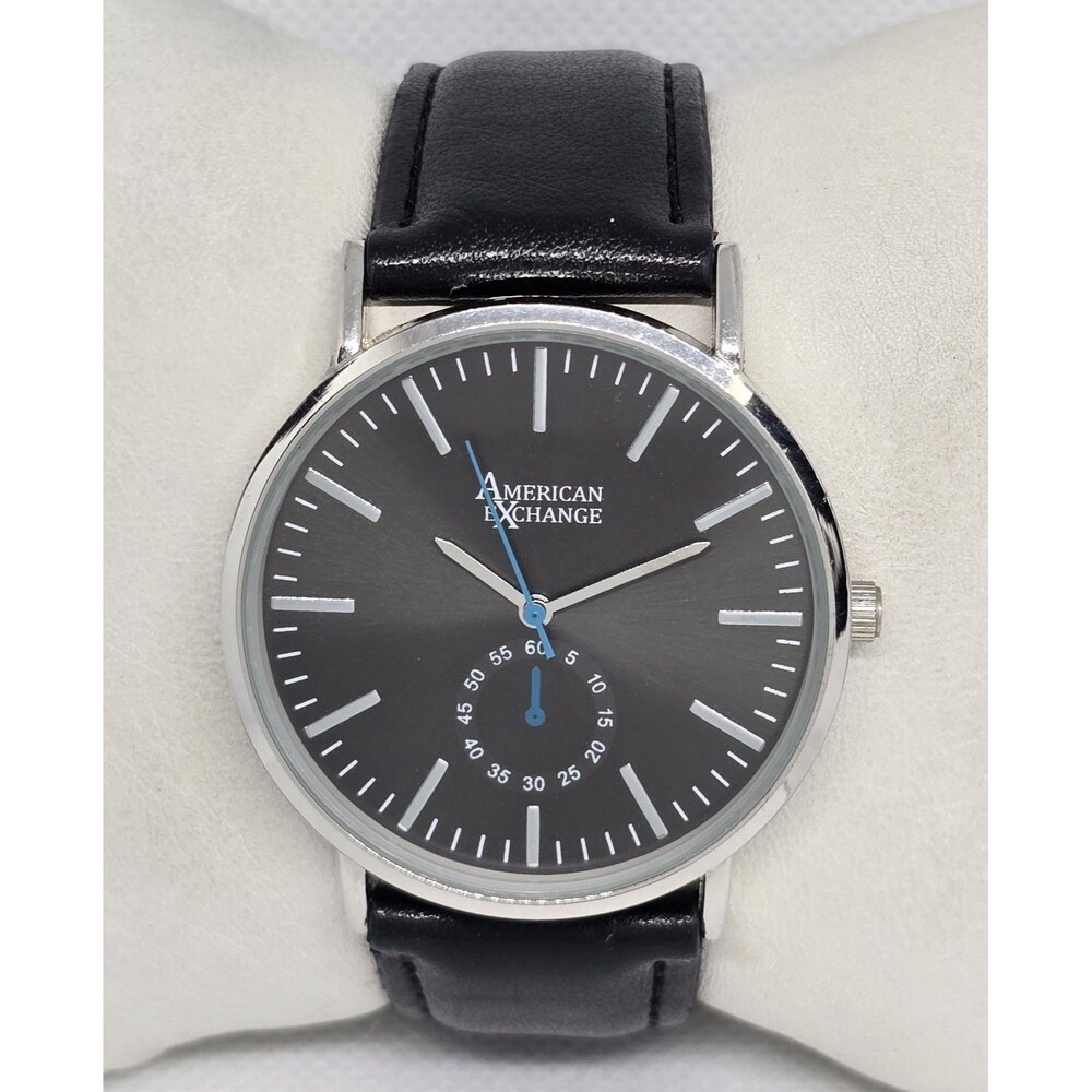 Men's American Exchange Classic Silver Tone Black Dial Leather Strap Watch 11 - Picture 5 of 9